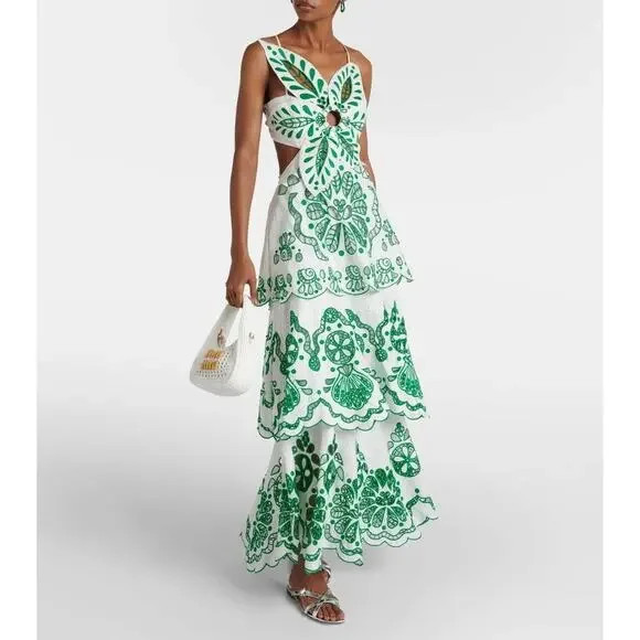 Farm Rio Richelieu Premium Linen Midi Dress floral flower green white size XL | Poshmark