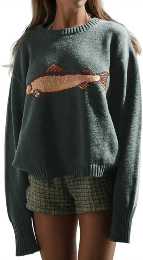 CHARTOU Women Fashion Crew Neck Rib Knit Crucian Carp Graphic Oversized Y2k Pullover Sweater Jump... | Amazon (US)