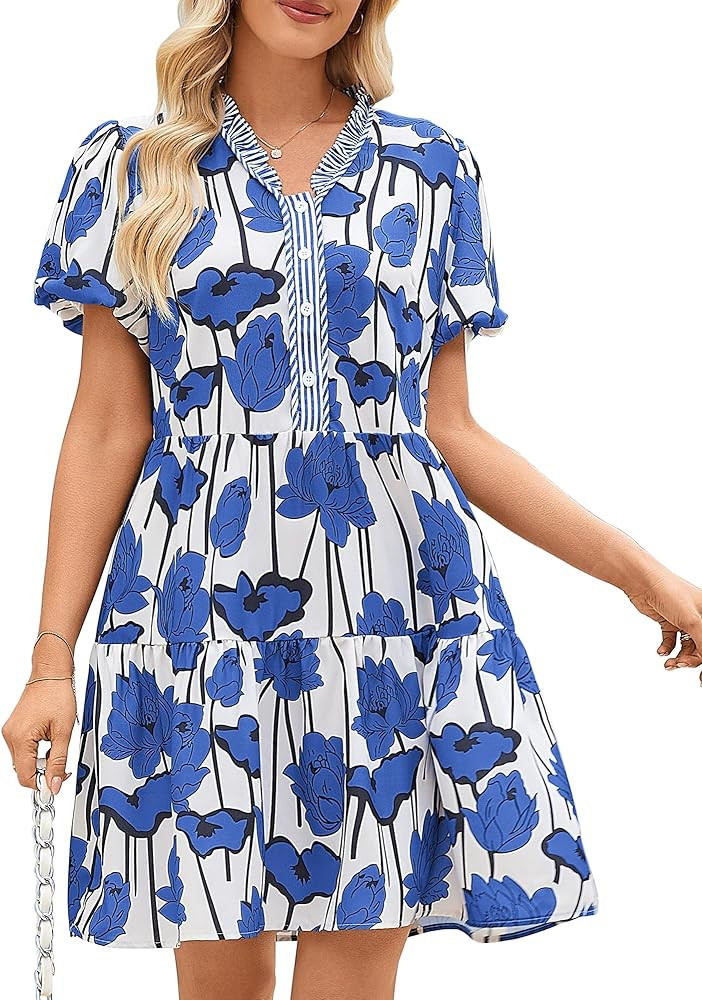 CCTOO Womens Casual Summer Dresses V Neck Button Floral Puff Short Sleeve Flowy Holiday Mini Dres... | Amazon (US)