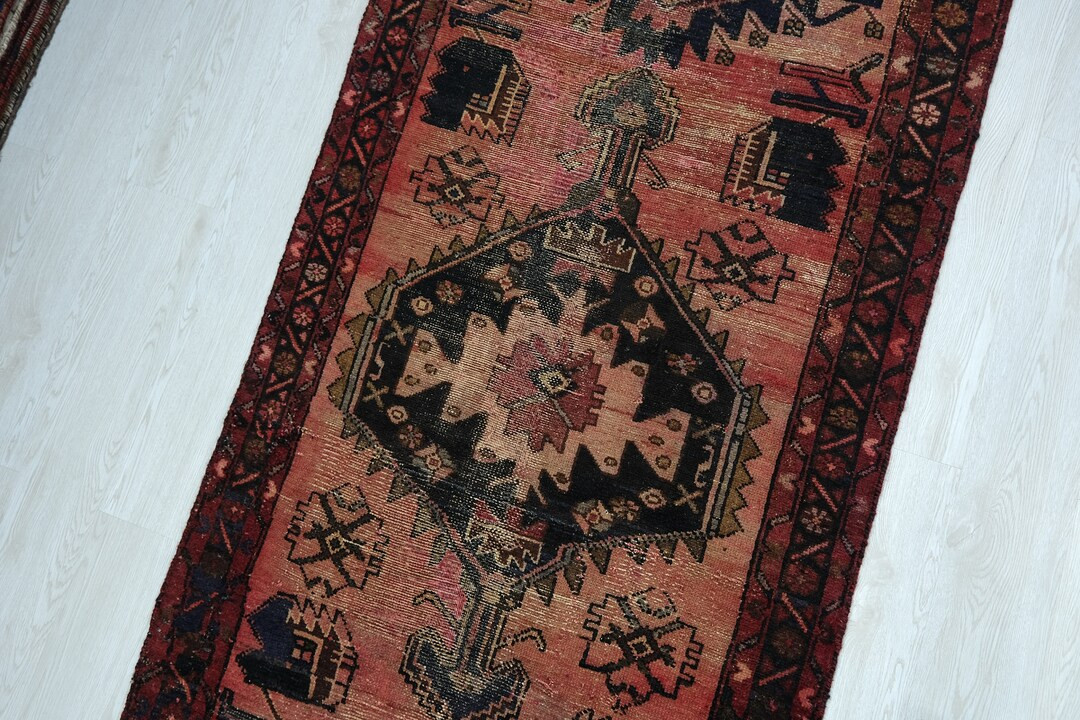 3x7 Faded Red Mauve Black Vintage Runner Rug - Oriental Handwoven Distressed Tribal Rug - Veg Dye... | Etsy (US)