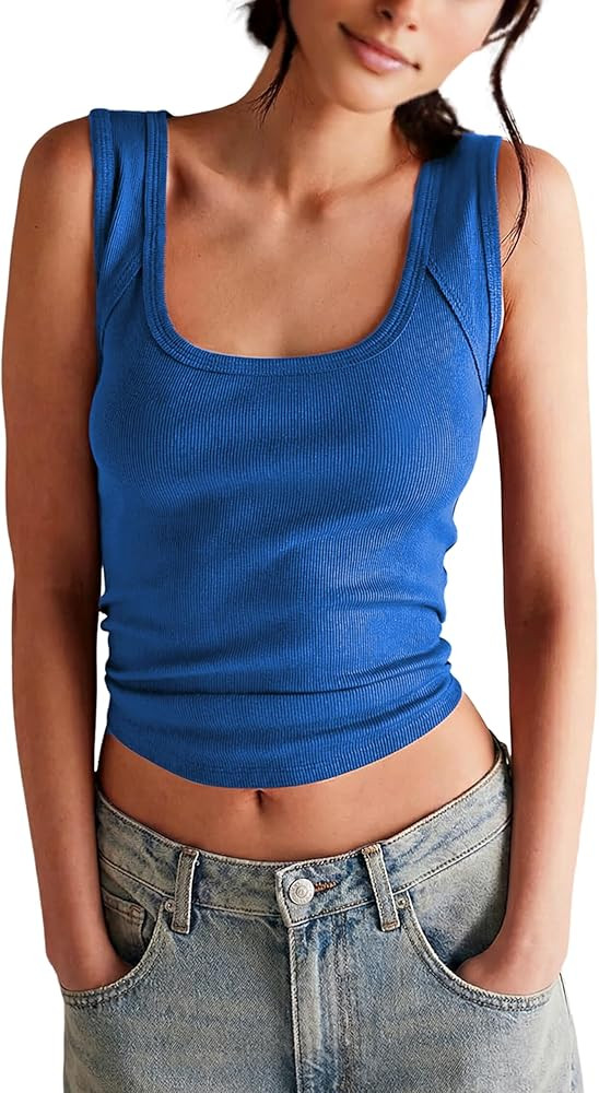 Springrain Women's Sleeveless Scoop Neck Ribbed Tank Tops Lightweight Fitted Cami Tee Shirts | Amazon (US)