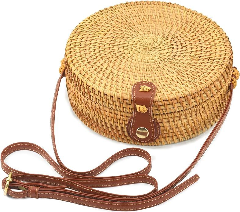 Round Rattan Bags Woman Handwoven Straw Purse Bag Crossbody Shoulder Bag Leather Straps Natural C... | Amazon (US)
