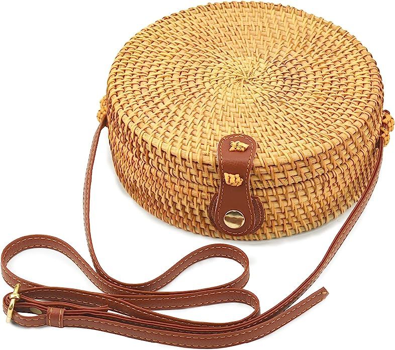 Round Rattan Bags Woman Handwoven Straw Purse Bag Crossbody Shoulder Bag Leather Straps Natural C... | Amazon (US)