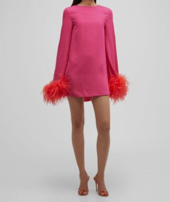$1555 Nervi Women's Pink Penelope Flare-Sleeve Feather Trim Mini Dress Size 40 | eBay US