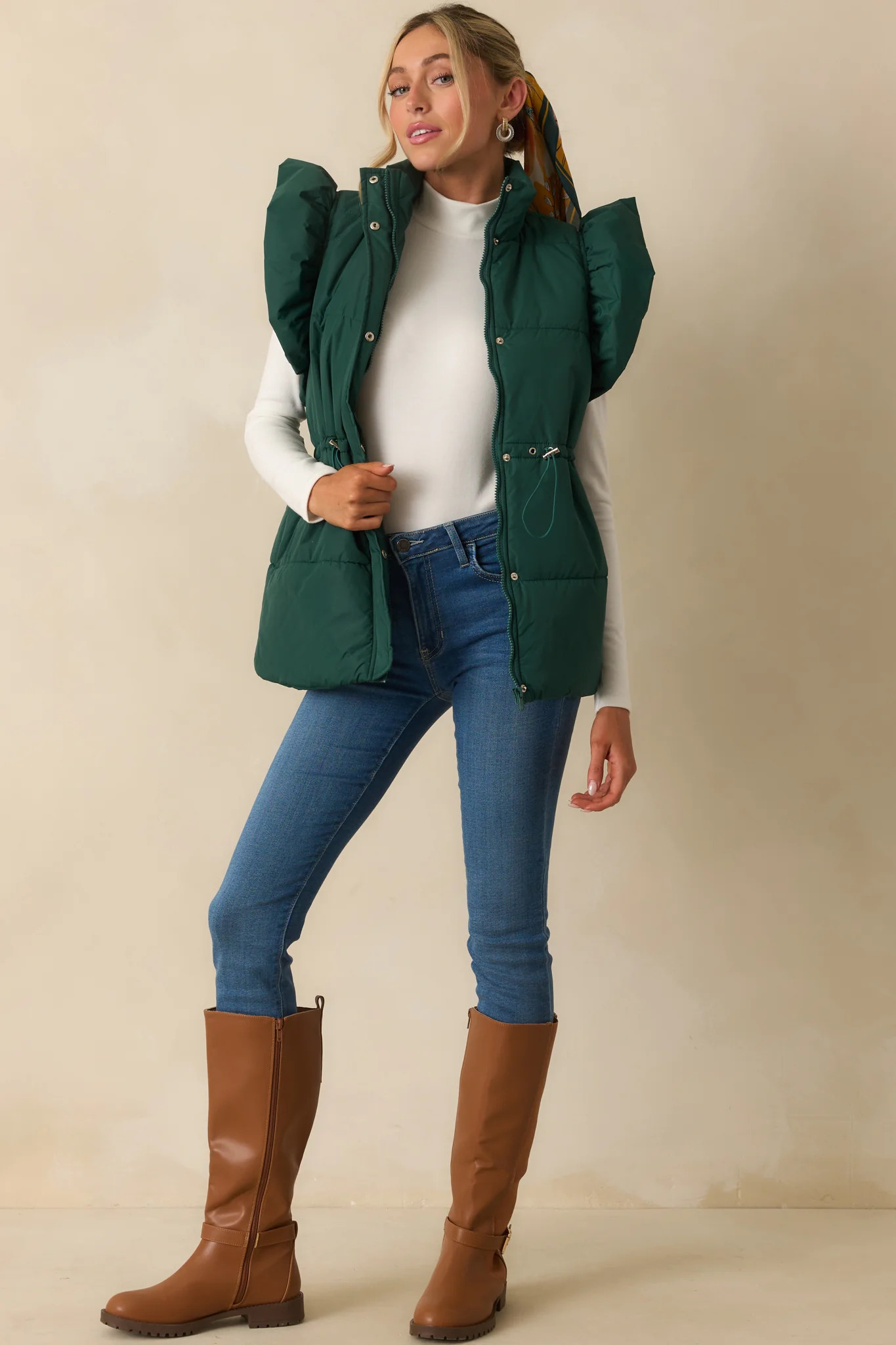 Cherry On Top Forest Green Flutter Sleeve Puffer Vest | Red Dress