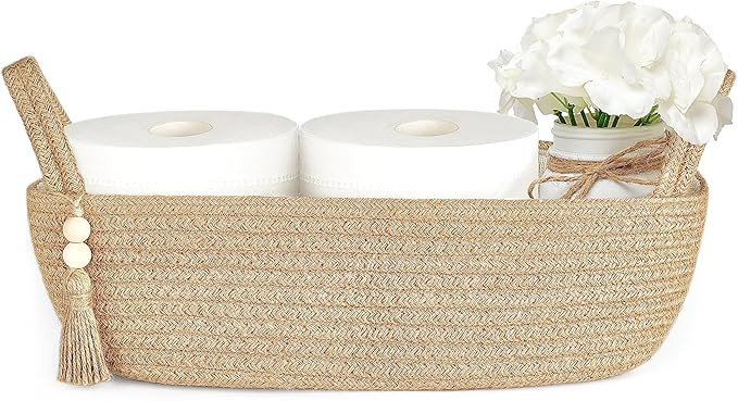 Mkono Small Storage Basket for Toilet Tank Top Boho Bathroom Decor Woven Rope Toilet Paper Tray O... | Amazon (US)
