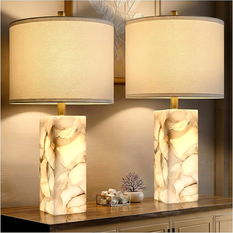 Scenekoy Alabaster Table Lamp Set of 2 with Night Light for Bedroom Living Room, 23" Rotary Switc... | Amazon (US)