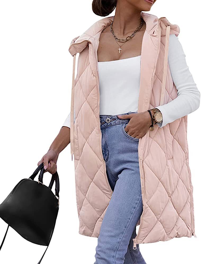 Yousify Womens Long Vest Puffer Jacket Long Quilted Vest Sleeveless Hooded Winter Outerwear with Poc | Amazon (US)