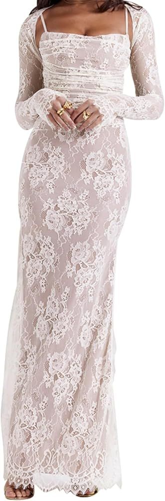 Women Vintage Cream Lace Maxi Dress Romantic Long Sleevees Lace Bodycon Dress | Amazon (US)