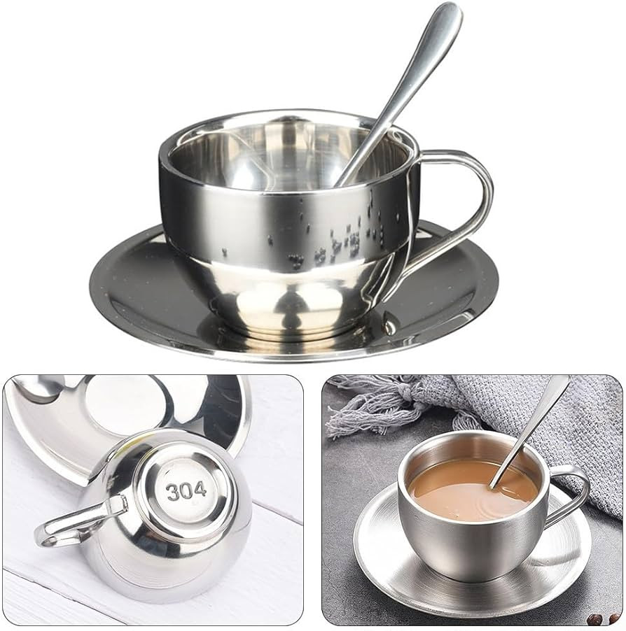 Double-Walled Stainless Steel Coffee Mug with Saucer, Spoon, and Mat for Tea, Milk, Juice - 180ml... | Amazon (CA)