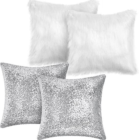 Irenare 4 Pcs Sequin and Fluffy Pillow Cases Winter Faux Fur Throw Pillow Covers Glitter Pillow C... | Amazon (US)