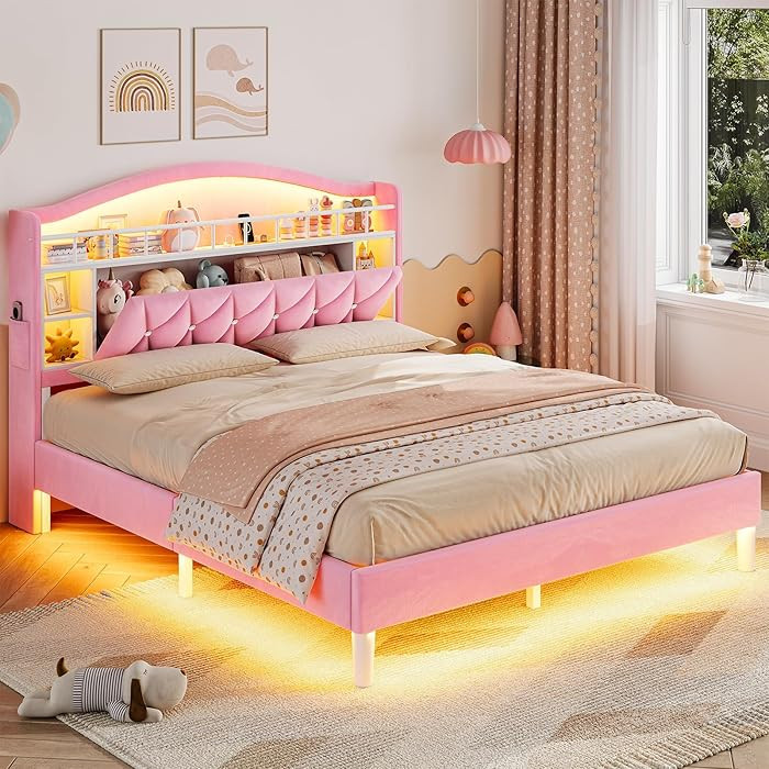 ADORNEVE Full Bed Frame with LED Lights, Princess Velvet Upholstered Platform Bed for Girls, Head... | Amazon (US)