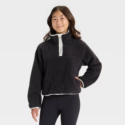 Girls' High Pile Fleece 1/2 Zip Pullover Sweatshirt - All In Motion™ Black M | Target
