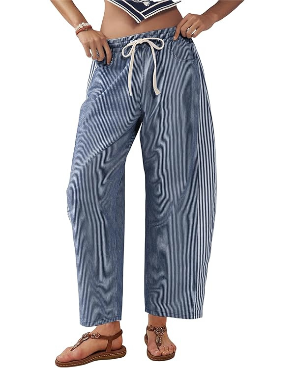 SCUSTY Women's Baggy Wide Leg Jeans Mid Rise Barrel Denim Ankle Pants Casual Striped Pull On Draw... | Amazon (US)
