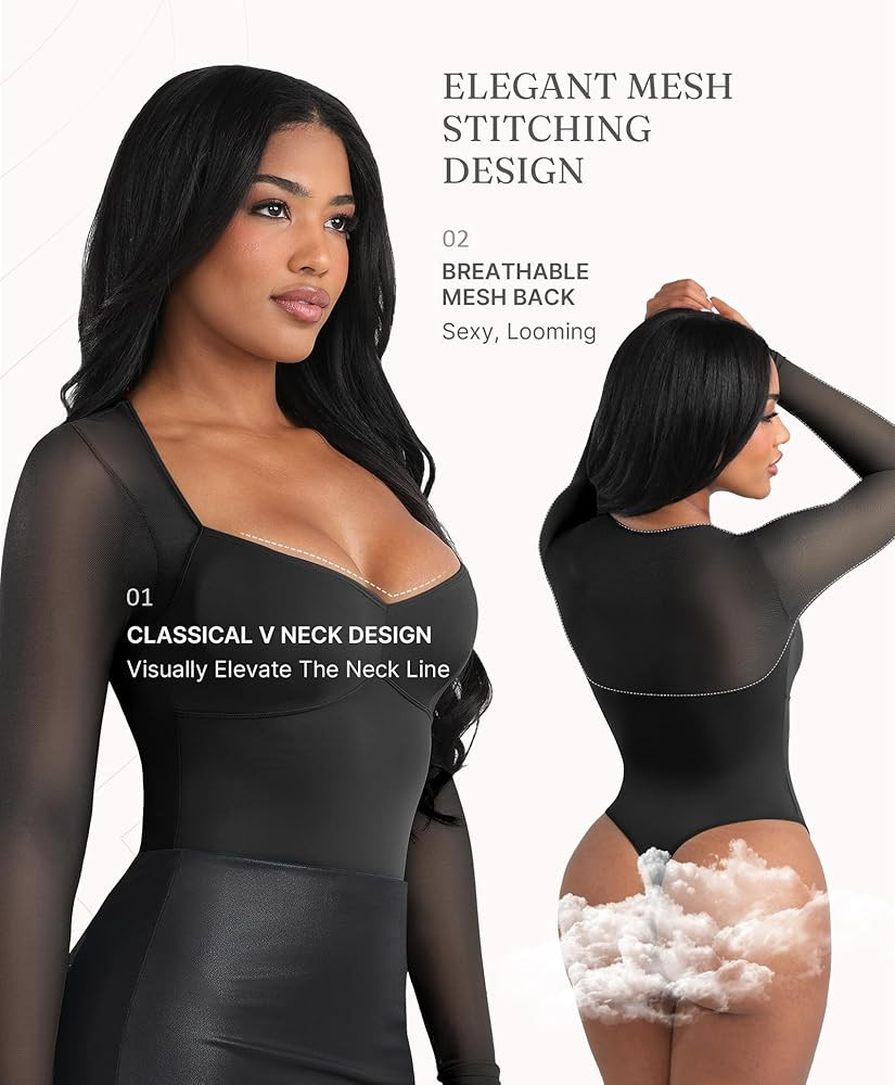 FeelinGirl Long Sleeve Bodysuit for Women Sexy Mesh V Neck Body Suits Thong Corset Top Going Out ... | Amazon (US)