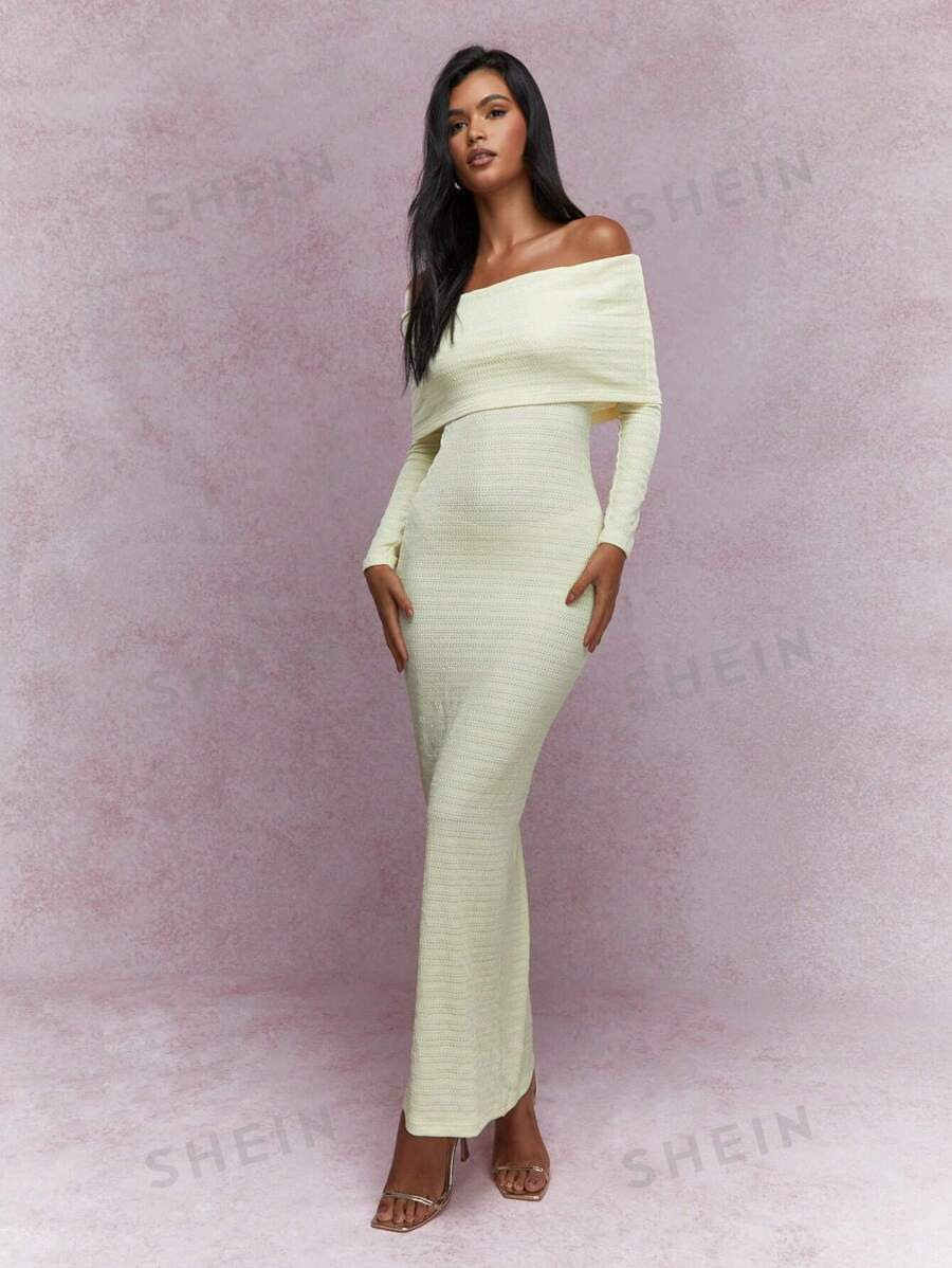 MISSGUIDED Textured Bardot Flap Long Sleeves Bodycon Maxi Dress | SHEIN