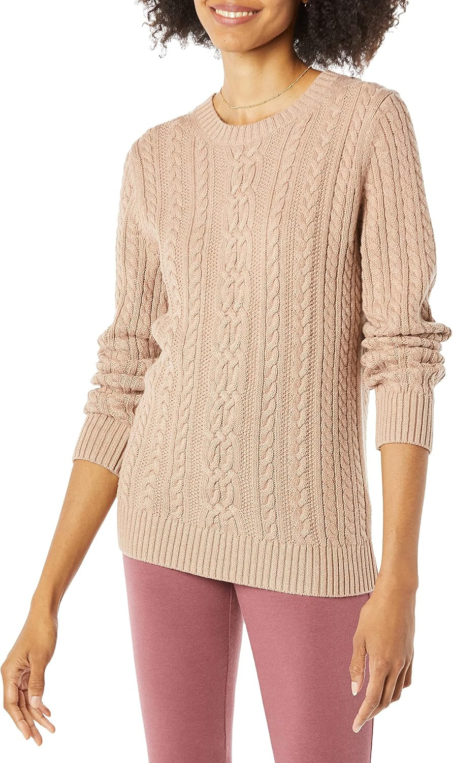 Amazon Essentials Women's Regular Fit Soft Cotton Cable Knit Ribbed Crewneck Sweater (Available in Plus Size) | Amazon (US)