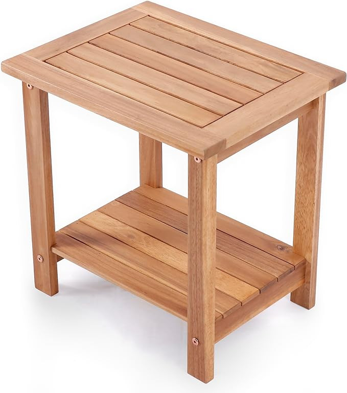 Solid Acacia Wood Side Table with 2-Tier Storage, Weather-Resistant Outdoor Indoor End Table, Nat... | Amazon (US)