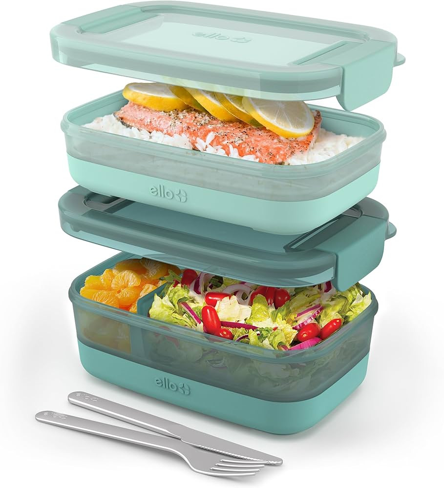 Ello 2-Pack Bento Box Lunch Stack Plastic Food Storage Container | Leak-Proof Locking Plastic Lid... | Amazon (US)