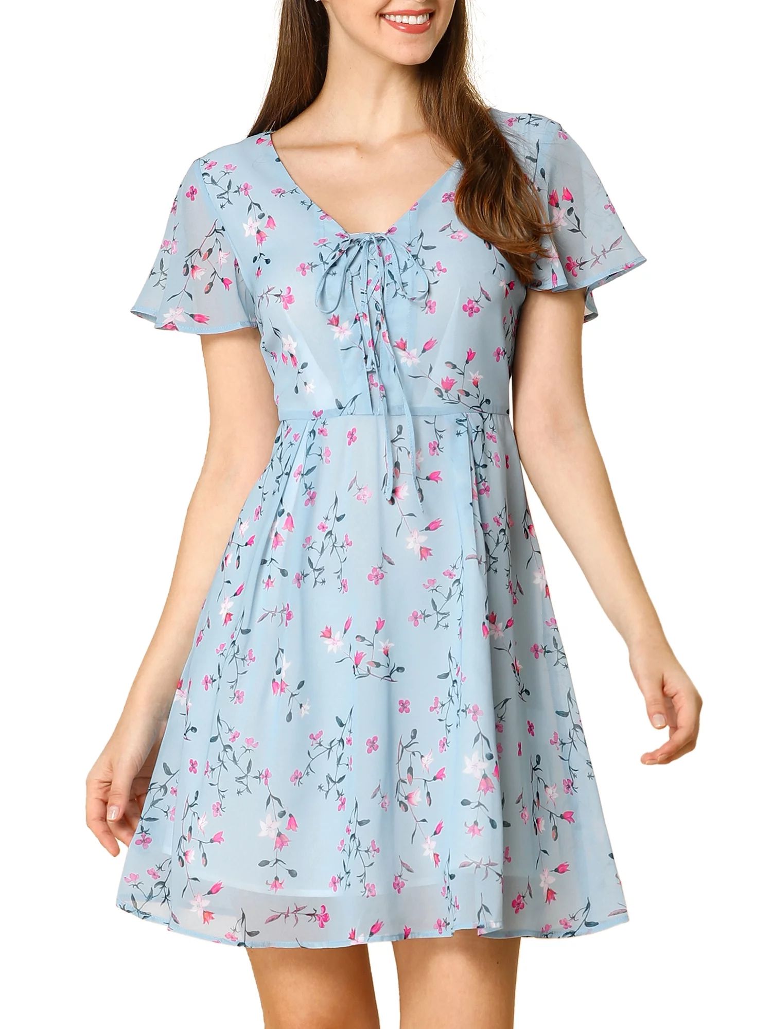 Allegra K Women's Floral Lace-up Chiffon Dress | Walmart (US)