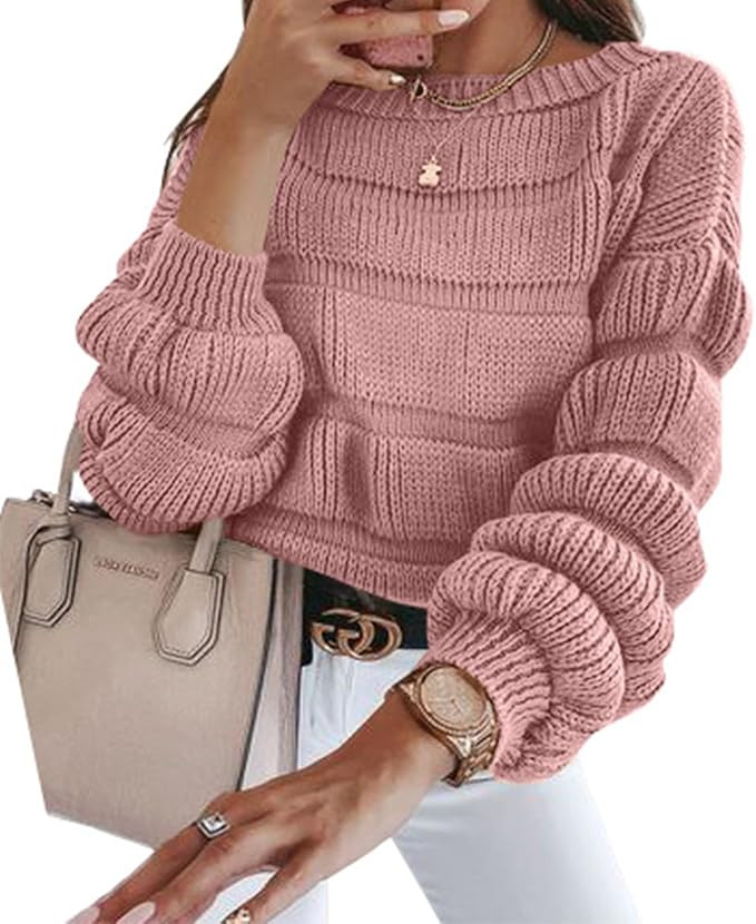 PRETTYGARDEN Women's 2023 Fall Sweaters Casual Crew Neck Pullover Long Puff Sleeve Loose Plain Ch... | Amazon (US)