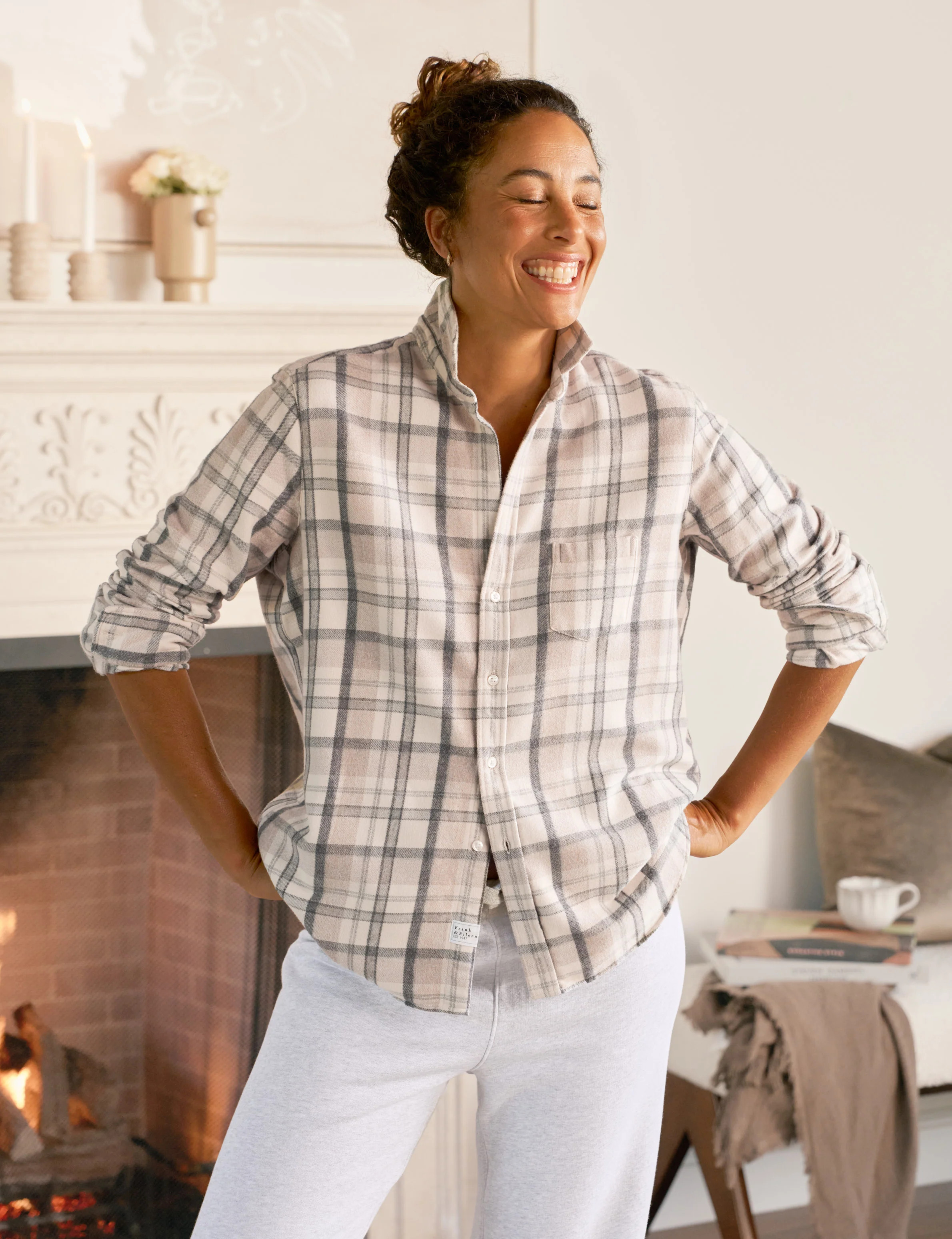 EILEEN Cream and Sand with Gray Plaid, Italian Flannel | Frank & Eileen