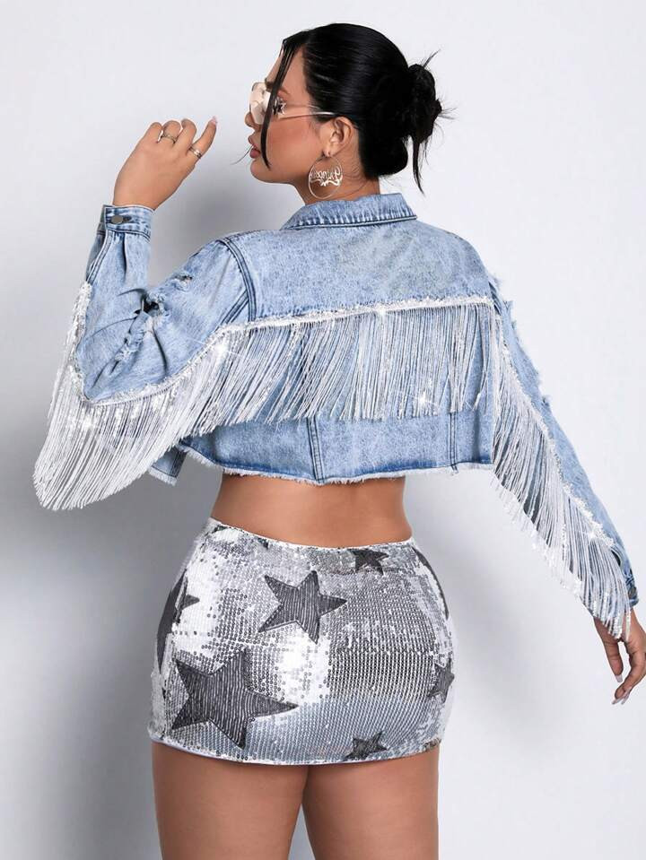 SHEIN ICON Plus Fringe Trim Crop Denim Jacket | SHEIN