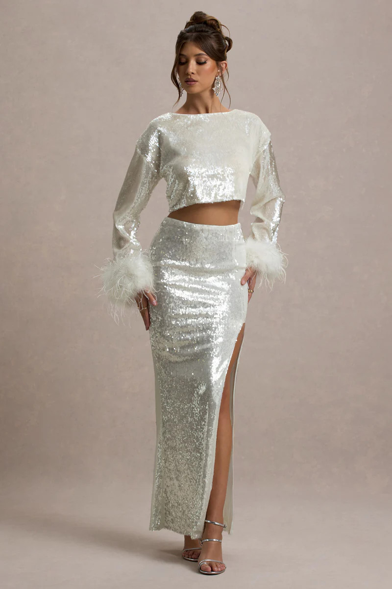 Raia  Sand Sequin Split Maxi Skirt | Club L London