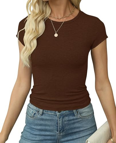 Artfish Women's Short Sleeve Shirts Crewneck Cropped Workout Slim Fitted Ribbed Casual Basic T-Shirts (Brown, M) | Amazon (US)