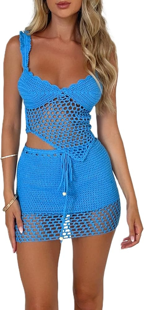 Sawden Women Y2k Crochet Knitted Two Piece Outfits Hollow Out Cami Top and High Waist Mini Skirt ... | Amazon (US)