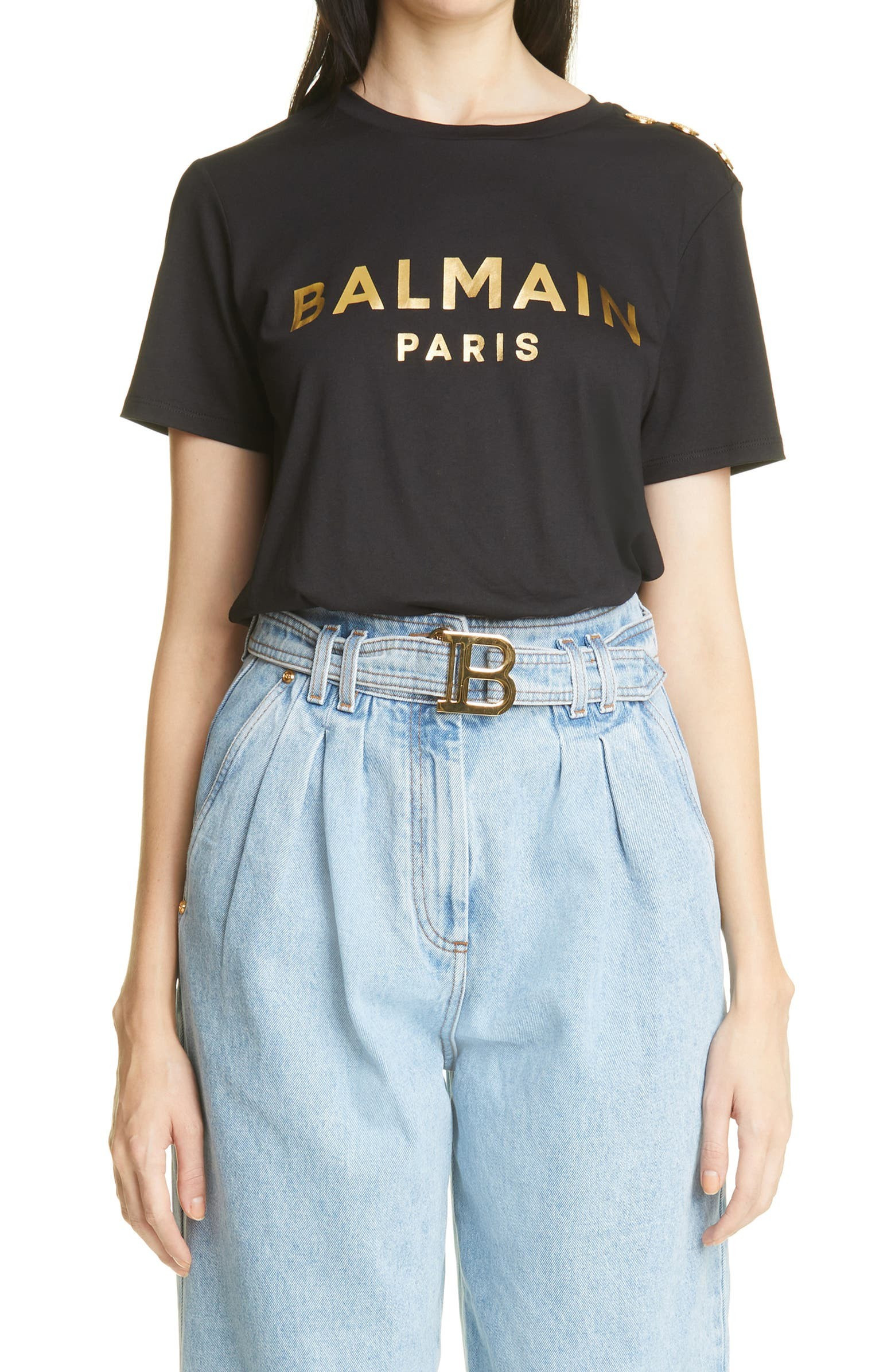 Button Shoulder Metallic Logo Cotton Graphic Tee | Nordstrom