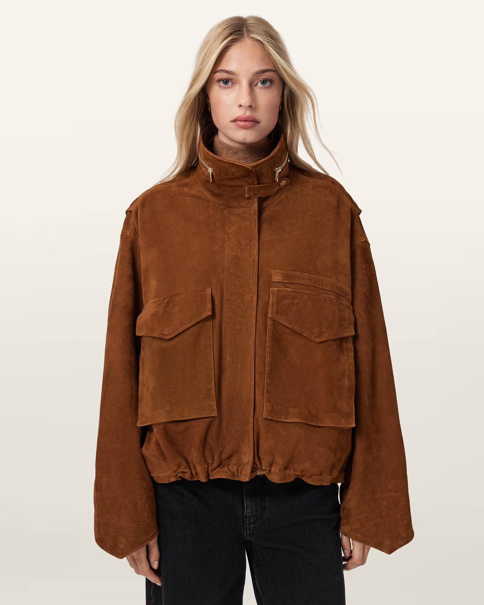 Clay Funnel Neck Suede Cropped Jacket COGNAC BROWN | ALLSAINTS | AllSaints UK