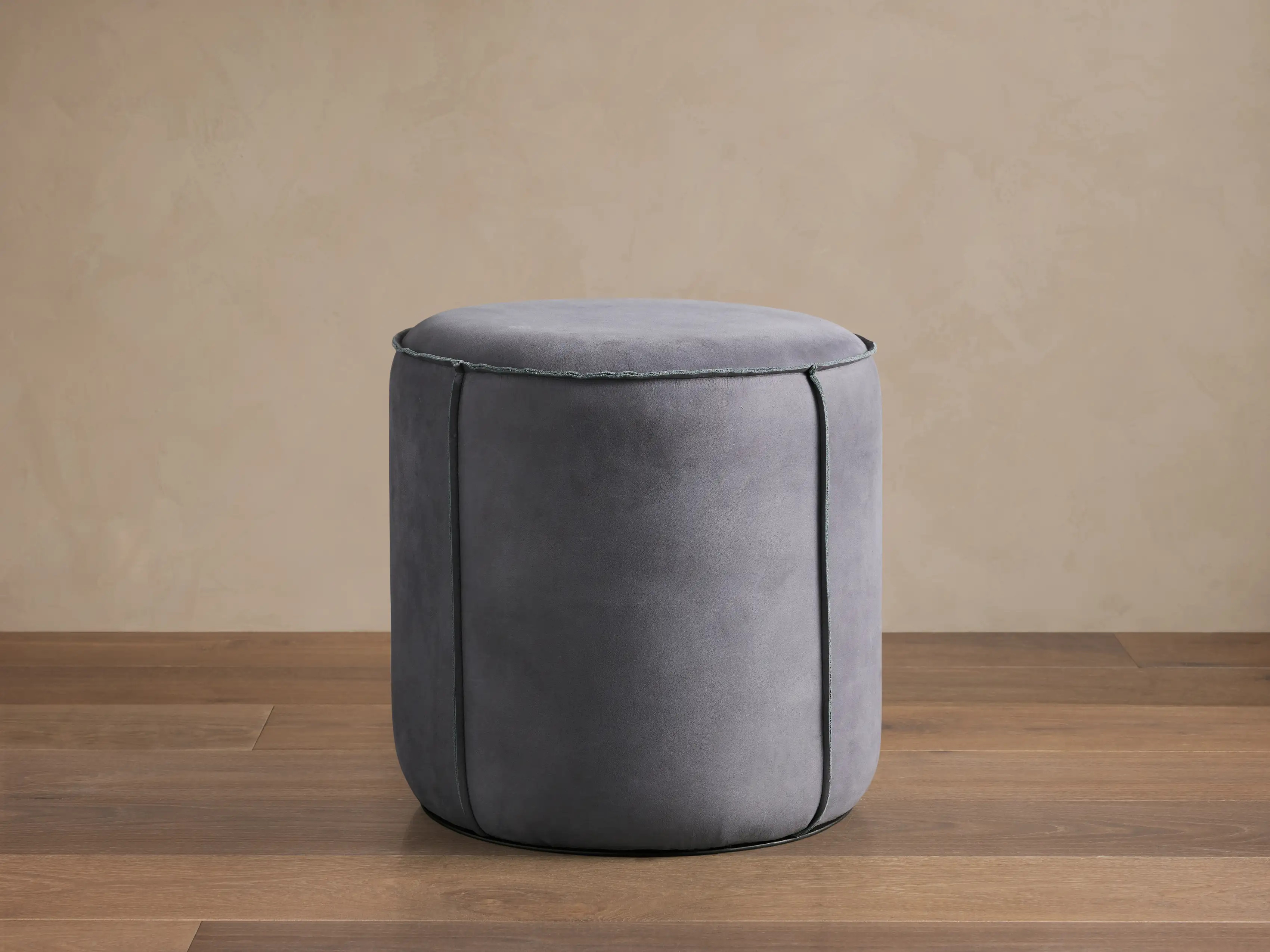 Nubuck Round Leather Pouf in Mineral | Arhaus