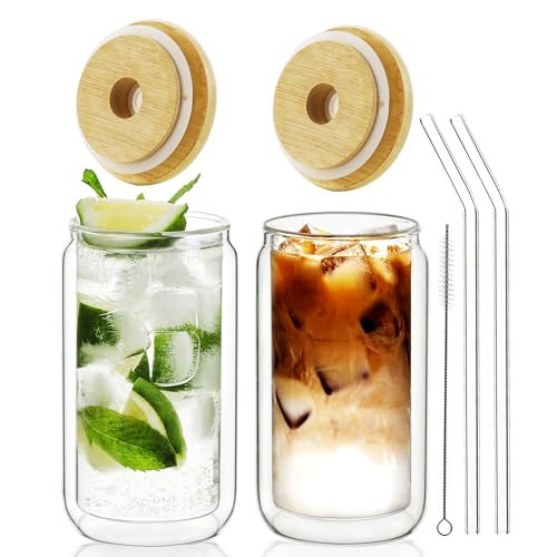 LIBWYS 13.5oz Double Wall Drinking Glass Cups with Bamboo Lids and Straws, 2 Pc Set – Condensation Resistant Insulated Glass Can Tumblers for Cold Drinks, Iced Coffee, Tea, Juice, Cleaning Brush | Amazon (US)