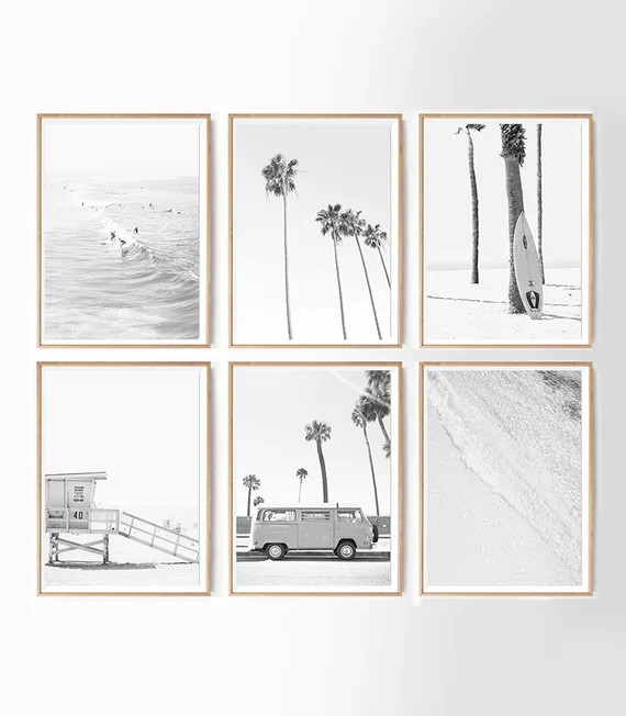 Black White Set of 6 California Beach Set Gallery Poster Palm Tree Set Prints Black White Surf Se... | Etsy (US)