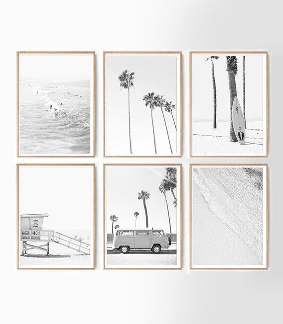 Black White Set of 6 California Beach Set Gallery Poster Palm Tree Set Prints Black White Surf Se... | Etsy (US)