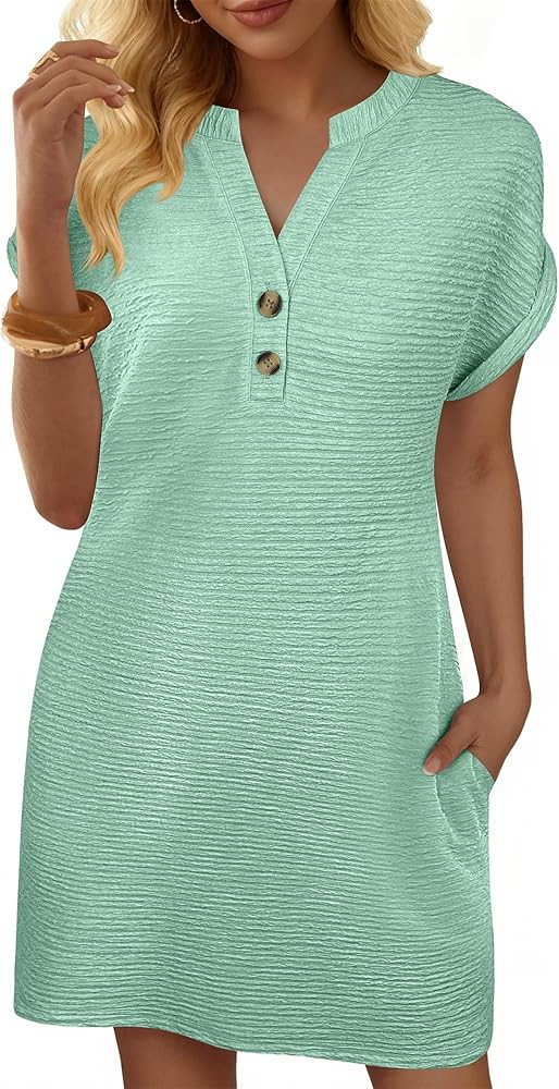 ANRABESS Women's Summer Mini Dress, V-Neck Short Sleeve Textured Knit, Casual Shift for Beach, We... | Amazon (US)
