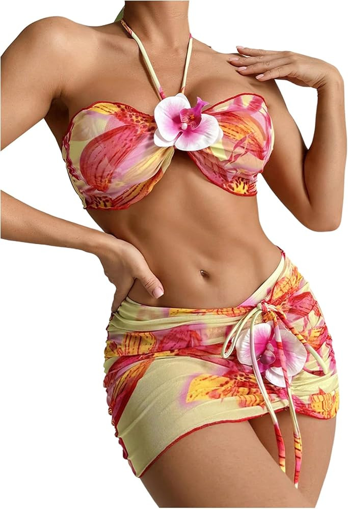 WDIRARA Women's 3D Floral 3 Piece Halter Bikini Sets High Cut Thong Swimsuit with Cover Up Skirts | Amazon (US)