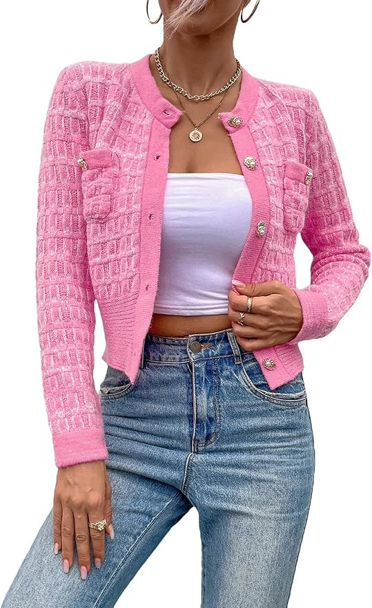MakeMeChic Women's Cropped Cardigan Pearl Button Down Knit Open Front Sweaters Outerwear | Amazon (US)