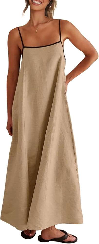 Shy Velvet Women's 2025 Summer Linen Maxi Dress Contrast Spaghetti Strap Dress Backless Sleeveles... | Amazon (US)