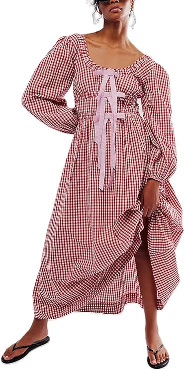 Womens Floral Embroidered Dress Boho Checkered Long Puff Sleeve Flowy Dress Square Neck Ruffle Sm... | Amazon (US)