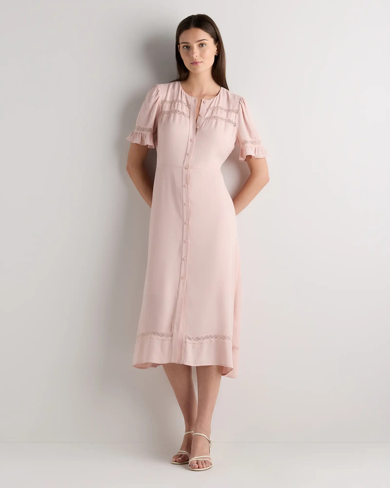 Lightweight Crepe Lace Inset Midi Dress in Shell Pink | Quince