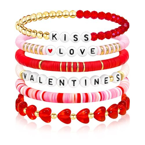 Valentines Bracelet for Women Clay Bead Bracelet Love Heart Valentines beaded Bracelets Bulk Cute Pink Red Stackable Stretch Bracelets for Valentines Accessories Jewelry Gifts-LOVE 6pcs | Amazon (US)