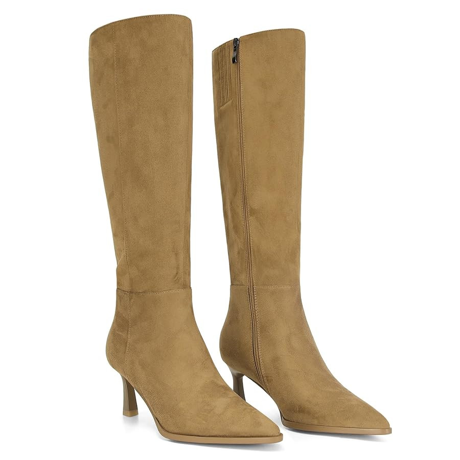 MICIFA Burgundy Kitten Heel Knee High Boots for Women Side Zipper Tall Leather Boots Pointed Toe ... | Amazon (US)