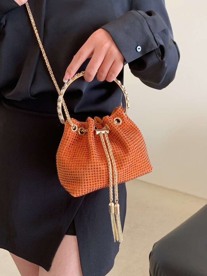 New Fashion Synthetic Stone Orange Shiny Bucket Bag, Trendy And Versatile For Daily Use With Bead... | SHEIN