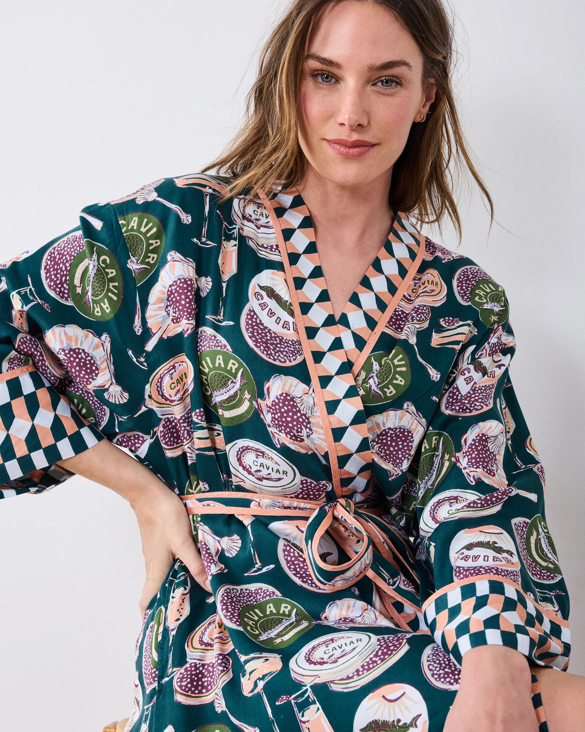 Champagne & Caviar - Eco Satin Robe - Peacock Feather | Printfresh
