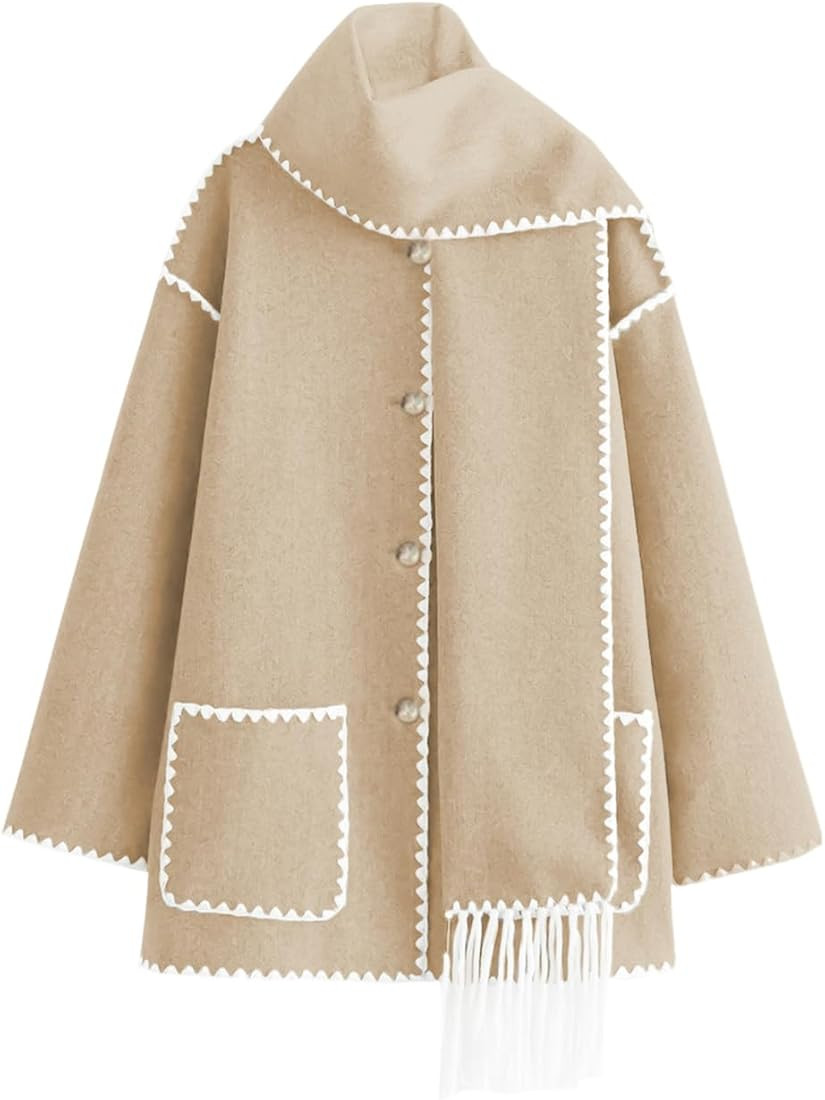 Wyeysyt Women's Embroidered Scarf Jacket Oversized Button Down Wool Blend Coat Mid Long Outerwear... | Amazon (US)