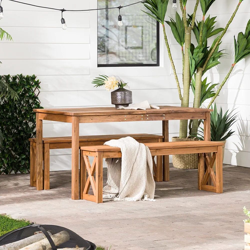 Walker Edison Roanoke Modern 3 Piece Acacia Wood Outdoor Slatted Dining Table and X Frame Bench S... | Amazon (US)