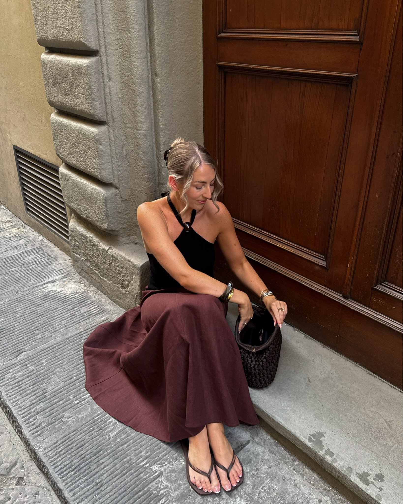 Halter neck top & brown linen skirt 🤎 

European summer, Sezane, linen outfit, crochet bag 

#LTKtravel #LTKsummer #LTKstyletip
