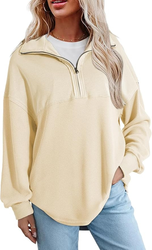 SHEWIN Womens Fall Sweatshirt Casual Waffle Knit Half Zip Pullover Loose Long Sleeve Tops | Amazon (US)
